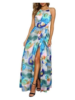 KILIG Women's Summer Casual Sleeveless Halter Neck Floral Print Beach Party Split Maxi Long Dress with Pockets