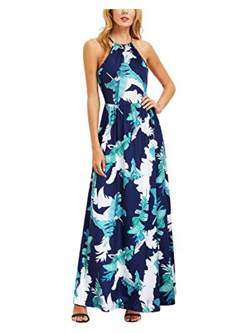 KILIG Women's Summer Casual Sleeveless Halter Neck Floral Print Beach Party Split Maxi Long Dress with Pockets