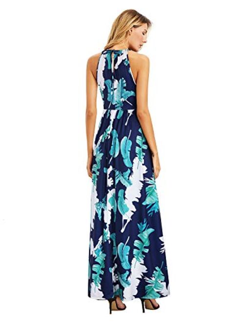 KILIG Women's Summer Casual Sleeveless Halter Neck Floral Print Beach Party Split Maxi Long Dress with Pockets