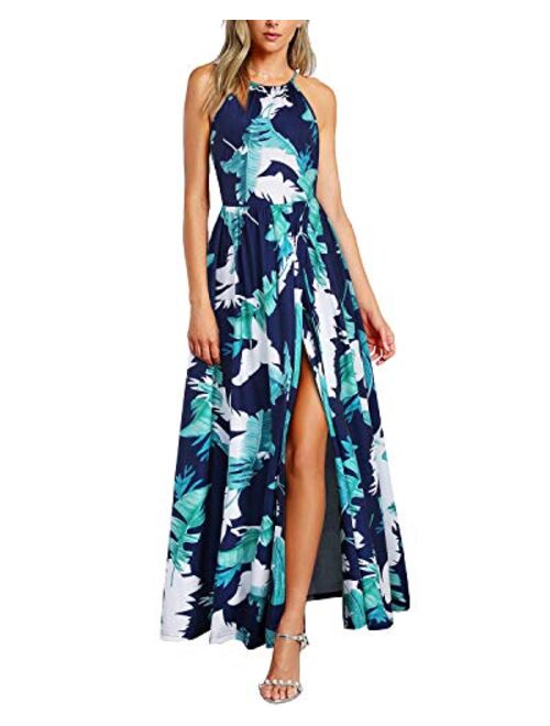 KILIG Women's Summer Casual Sleeveless Halter Neck Floral Print Beach Party Split Maxi Long Dress with Pockets