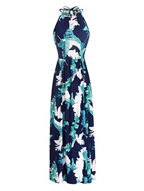 KILIG Women's Summer Casual Sleeveless Halter Neck Floral Print Beach Party Split Maxi Long Dress with Pockets