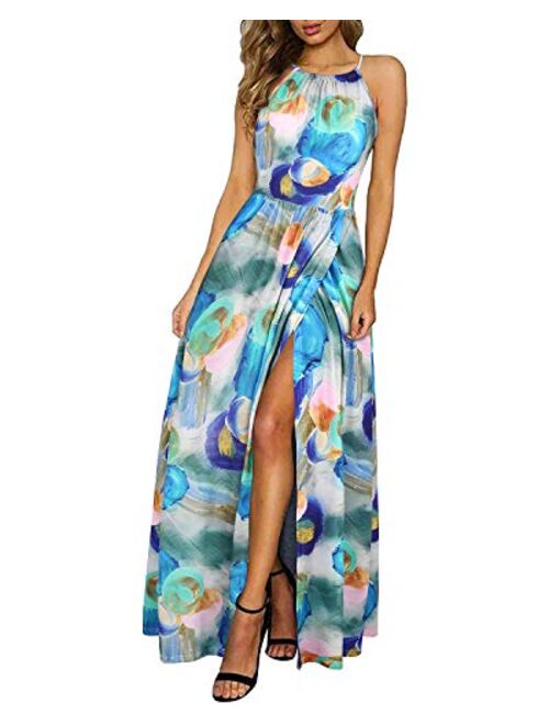 KILIG Women's Summer Casual Sleeveless Halter Neck Floral Print Beach Party Split Maxi Long Dress with Pockets