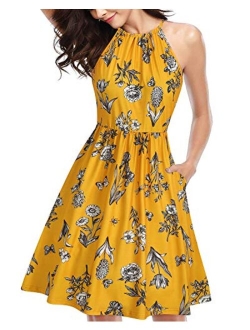 KILIG Women's Halter Neck Floral Summer Dress Casual Sundress with Pockets