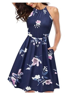 KILIG Women's Halter Neck Floral Summer Dress Casual Sundress with Pockets