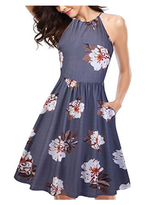 KILIG Women's Halter Neck Floral Summer Dress Casual Sundress with Pockets