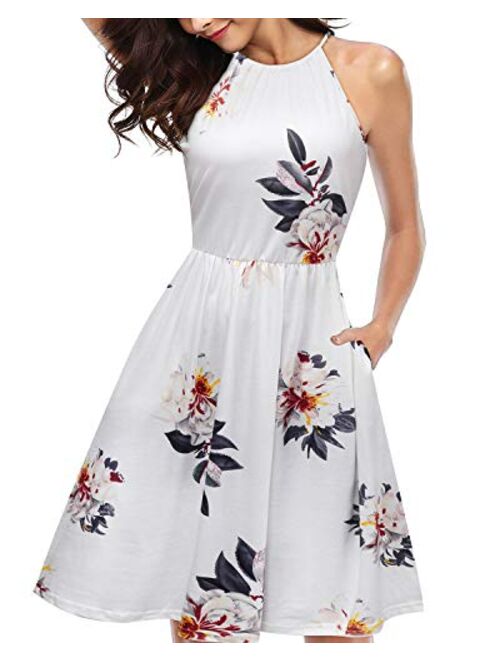 KILIG Women's Halter Neck Floral Summer Dress Casual Sundress with Pockets