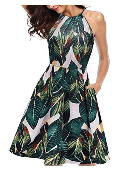 KILIG Women's Halter Neck Floral Summer Dress Casual Sundress with Pockets