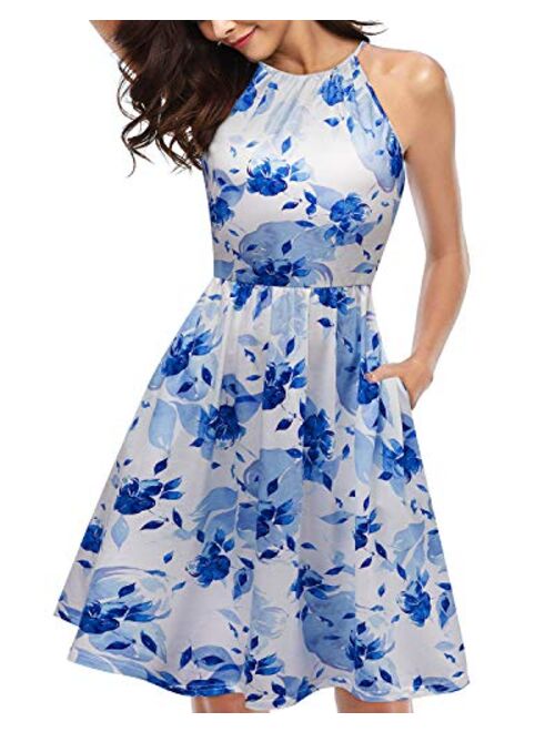 KILIG Women's Halter Neck Floral Summer Dress Casual Sundress with Pockets