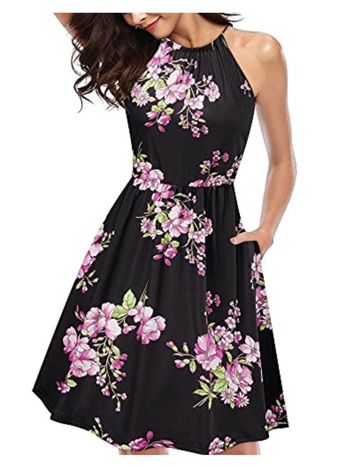 KILIG Women's Halter Neck Floral Summer Dress Casual Sundress with Pockets