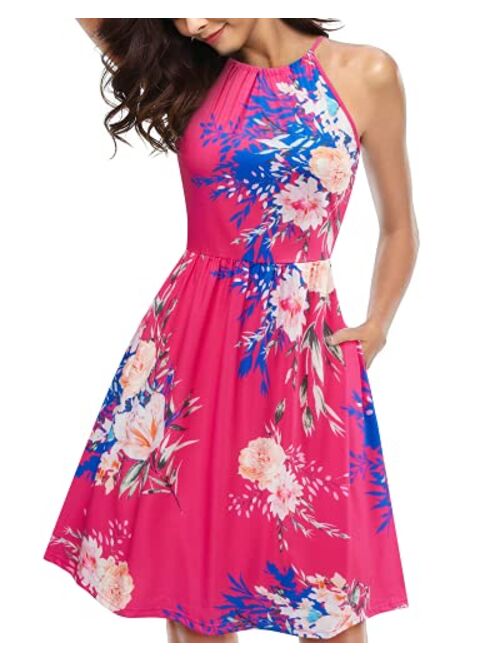 KILIG Women's Halter Neck Floral Summer Dress Casual Sundress with Pockets