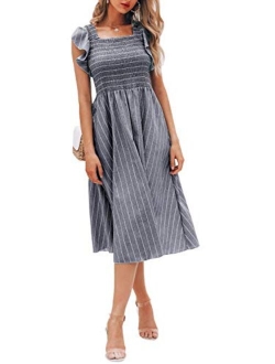 Miessial Women's Striped Linen Long Dress Elegant Ruffle Cap Sleeves Midi Dress