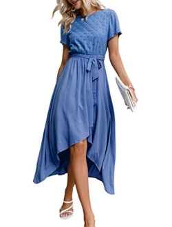 Miessial Women's Striped Linen Long Dress Elegant Ruffle Cap Sleeves Midi Dress