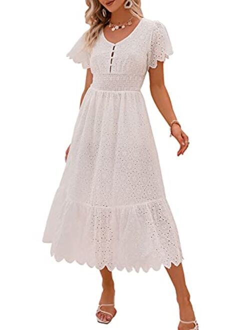 Miessial Women's Striped Linen Long Dress Elegant Ruffle Cap Sleeves Midi Dress