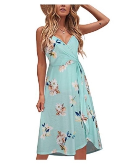 KILIG Women's Summer Dress V Neck Floral Twist Knot Pleated Spaghetti Strap Casual Sundress