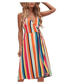 KILIG Women's Summer Dress V Neck Floral Twist Knot Pleated Spaghetti Strap Casual Sundress