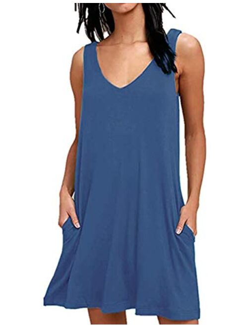 AUSELILY Women Summer Casual T Shirt Dresses Beach Cover up Plain Pleated Tank Dress