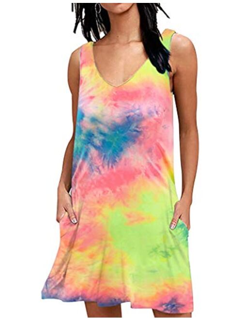 AUSELILY Women Summer Casual T Shirt Dresses Beach Cover up Plain Pleated Tank Dress