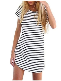 OURS Women's Crew Neck Short Sleeve Striped Loose T-Shirt Mini Dress