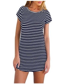 OURS Women's Crew Neck Short Sleeve Striped Loose T-Shirt Mini Dress