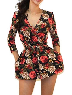 Vivicastle Women's USA Printed V-Neck 3/4 Sleeve Faux Wrap Waist Tie Romper Jumpsuit