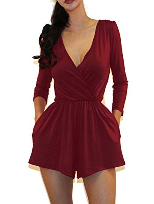 Vivicastle Women's USA Printed V-Neck 3/4 Sleeve Faux Wrap Waist Tie Romper Jumpsuit