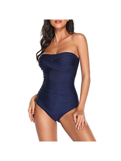 Smismivo Tummy Control Swimwear Black Strapless One Piece Swimsuit Ruched Padded Bathing Suits Women Slimming Bandeau Bikini