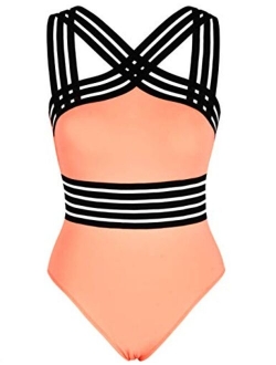 Women's One Piece Swimwear Front Crossover Swimsuits Hollow Bathing Suits Monokinis