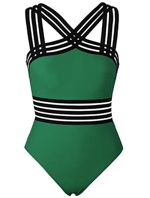 Hilor Women's One Piece Swimwear Front Crossover Swimsuits Hollow Bathing Suits Monokinis