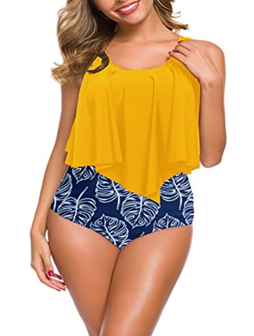 SouqFone Swimsuits for Women Two Piece Bathing Suits Ruffled Flounce Top with High Waisted Bottom Bikini Set