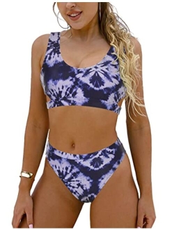 Women's High Waisted Swimsuit Crop Top Cut Out Two Piece Cheeky High Rise Bathing Suit Bikini