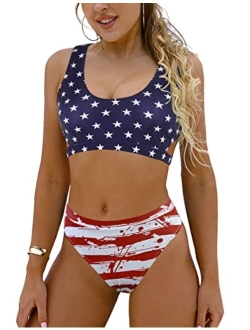 Women's High Waisted Swimsuit Crop Top Cut Out Two Piece Cheeky High Rise Bathing Suit Bikini