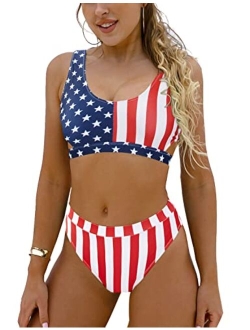 Women's High Waisted Swimsuit Crop Top Cut Out Two Piece Cheeky High Rise Bathing Suit Bikini