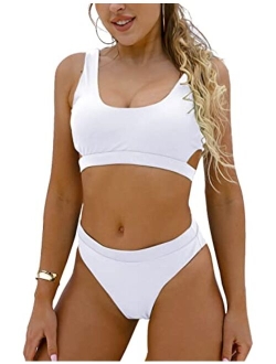 Women's High Waisted Swimsuit Crop Top Cut Out Two Piece Cheeky High Rise Bathing Suit Bikini