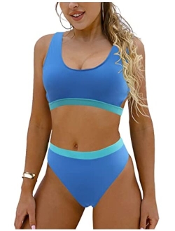 Women's High Waisted Swimsuit Crop Top Cut Out Two Piece Cheeky High Rise Bathing Suit Bikini