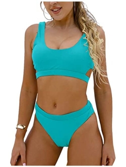 Women's High Waisted Swimsuit Crop Top Cut Out Two Piece Cheeky High Rise Bathing Suit Bikini