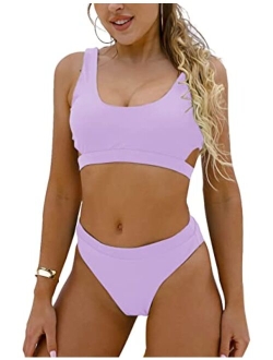 Women's High Waisted Swimsuit Crop Top Cut Out Two Piece Cheeky High Rise Bathing Suit Bikini