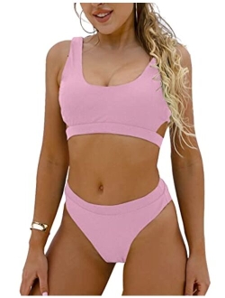 Women's High Waisted Swimsuit Crop Top Cut Out Two Piece Cheeky High Rise Bathing Suit Bikini