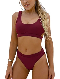 Women's High Waisted Swimsuit Crop Top Cut Out Two Piece Cheeky High Rise Bathing Suit Bikini