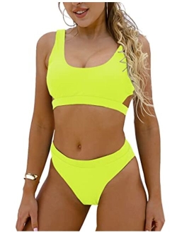 Women's High Waisted Swimsuit Crop Top Cut Out Two Piece Cheeky High Rise Bathing Suit Bikini