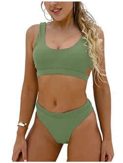 Women's High Waisted Swimsuit Crop Top Cut Out Two Piece Cheeky High Rise Bathing Suit Bikini