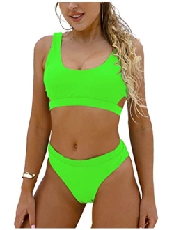 Women's High Waisted Swimsuit Crop Top Cut Out Two Piece Cheeky High Rise Bathing Suit Bikini