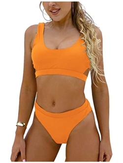 Women's High Waisted Swimsuit Crop Top Cut Out Two Piece Cheeky High Rise Bathing Suit Bikini