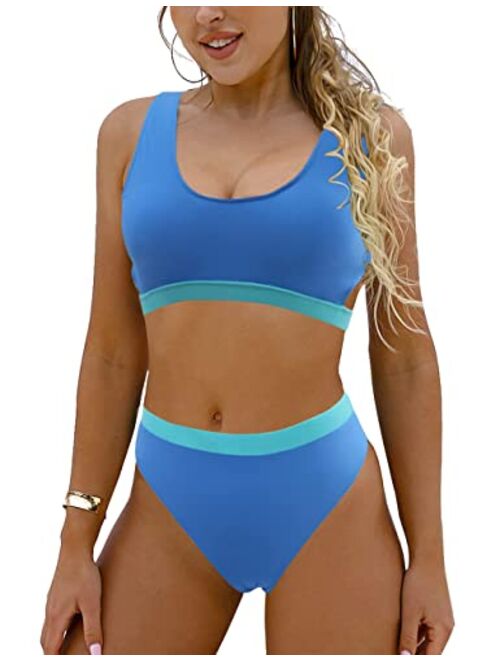 Blooming Jelly Women's High Waisted Swimsuit Crop Top Cut Out Two Piece Cheeky High Rise Bathing Suit Bikini