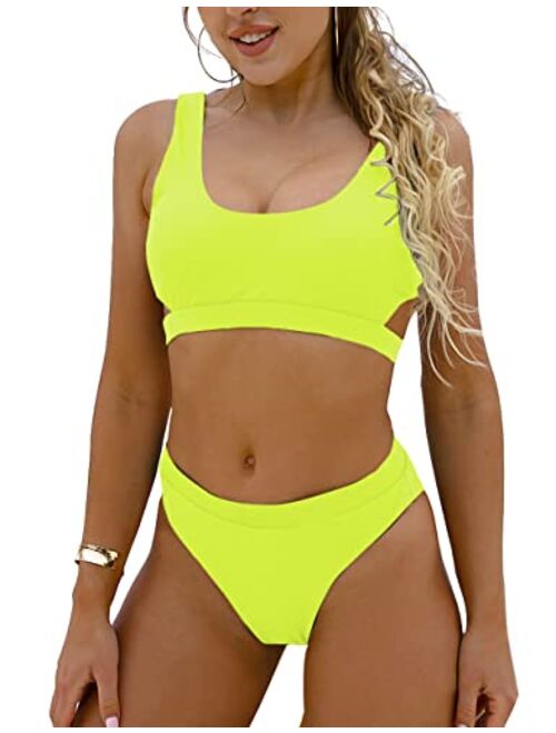 Blooming Jelly Women's High Waisted Swimsuit Crop Top Cut Out Two Piece Cheeky High Rise Bathing Suit Bikini