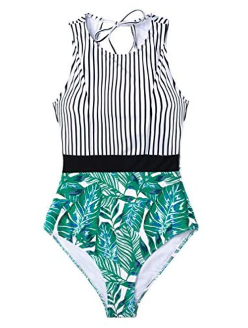 CUPSHE Women's Black Striped Leafy One Piece Swimsuit