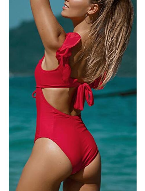 CUPSHE Women's Ruby Red Ruffled Back Tie One Piece Swimsuit