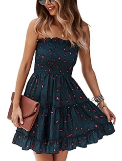 Angashion Women's Floral Strapless Pleated Flowy Skater Mini Tube Dress