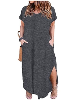 Kancystore Women's Plus Size Casual Loose Pocket Long Dress Short Sleeve Plus Size Slit Maxi Dress XL-5X