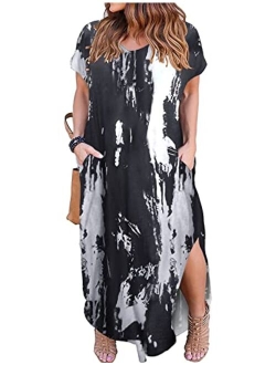 Kancystore Women's Plus Size Casual Loose Pocket Long Dress Short Sleeve Plus Size Slit Maxi Dress XL-5X