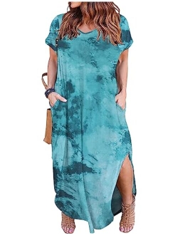 Kancystore Women's Plus Size Casual Loose Pocket Long Dress Short Sleeve Plus Size Slit Maxi Dress XL-5X